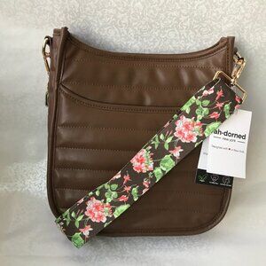 ahdorned messenger  Crossbody bag Brown guitar strap vegan leather  10.5”x 11.0”